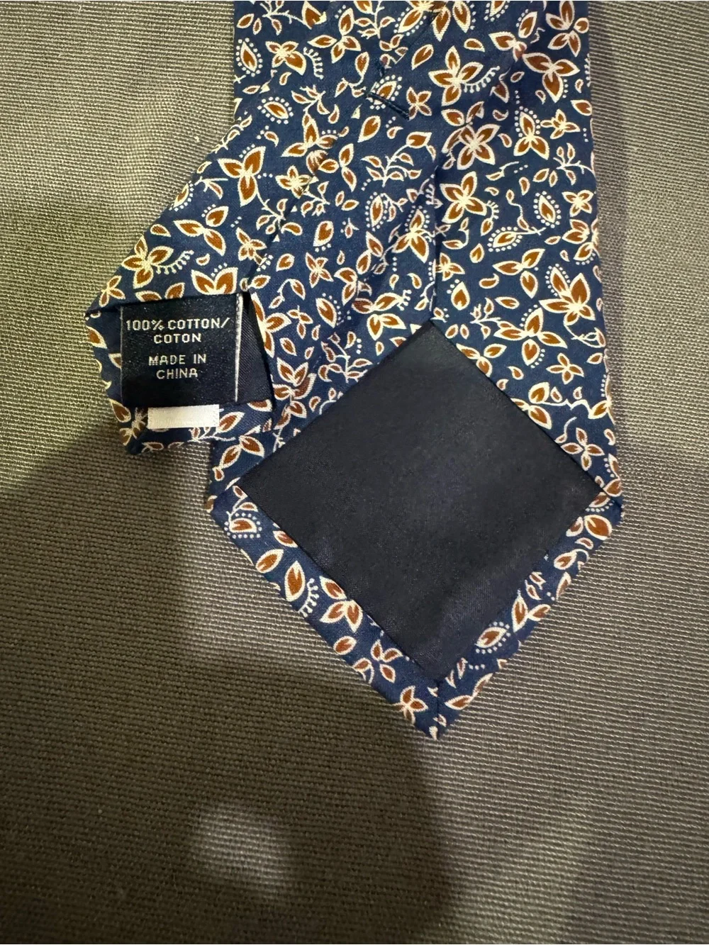 J Crew Mens 100% Cotton Navy Tie with Brown Flowers - Coastal Casual Sustainable